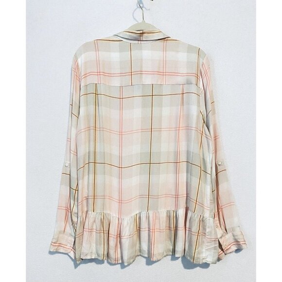 Express Top Womens Large Pink Plaid Button Up Ruffle Hem Long Sleeve Boho - Picture 4 of 8